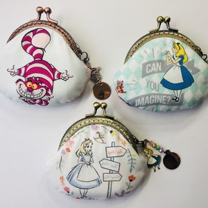 Inspired by Alice in Wonderland, Cheshire Cat, Handsewn Coin Purse with Engraved Tags with Quotes