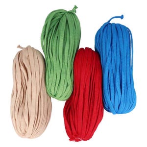 May include: Four spools of cord in different colours: beige, green, red, and blue. The cords are all the same thickness and are wound tightly.