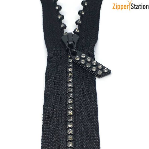 16/" Swarovski Rhinestone Zipper~Closed Bottom ~ Black