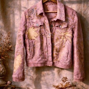 Upcycled Cochineal Dyed Denim Jacket, Eco Print Patchwork Jacket
