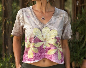 Camicetta in cotone con stampa ecologica – Top con foglie di ippocastano, camicia corta in stile boho