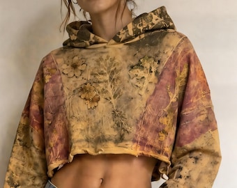 Sudadera corta con capucha reciclada, sudadera con estampado ecológico de hojas de catalpa.