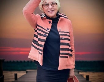 Upcycled Vintage Wool Blanket Jacket- Bohemian Orange-Red Jacket/Hat Set