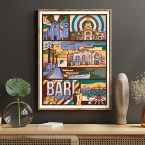 Può includere: Un poster illustrato colorato con la parola "BARI" in grandi lettere. Il poster presenta vari monumenti di Bari, Italia, tra cui una chiesa, un edificio con una cupola, una ruota panoramica e barche sull'acqua.