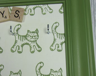 Cat Print key hook, up-cycled framed quirky, with a unique hand block printed background