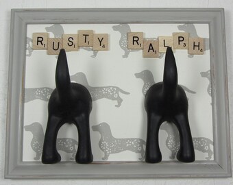 Dachshund print lead hook, personalised with dogs name, handmade, leash hanger, storage dog lover gift, home wall interior decor