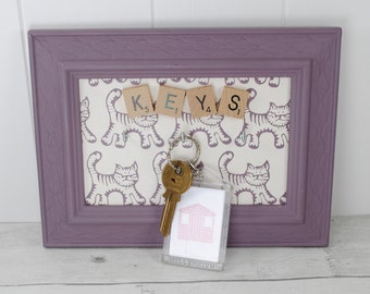 Cat Print key hook, up-cycled framed quirky, with a unique hand block printed background