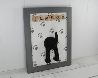 Dog lead hook made from upcycled framed quirky, with a unique hand block printed paw print background, personalised just for you