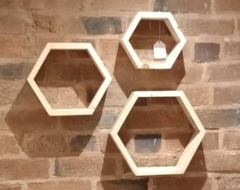 Hexagon display shelves, upcycled pallet wood, nesting set of 3