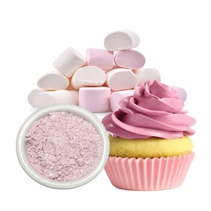 May include: A small white bowl filled with pink edible glitter, a pink cupcake with pink frosting, and a pile of white and pink marshmallows.