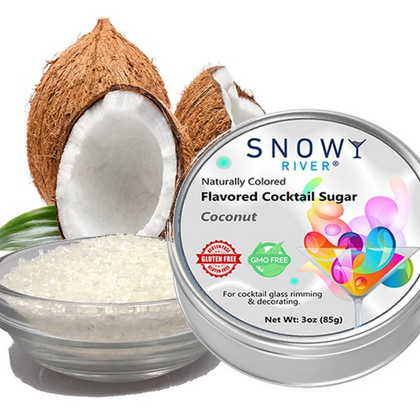 Snowy River Coconut Flavored Cocktail Sugar (1x3oz tin), Flavored Cocktail Rimmer, Flavored Sugars, Flavored Rimmers, Cocktail Garnish