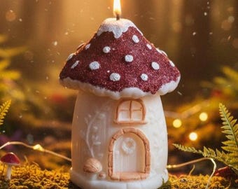 Paddenstoelenhuiskaars | Champignonkaars Cottagecore | Sculpturale sojawaskaars | Grillig boshuisdecoratie | Moederdagcadeau