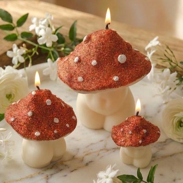 Glitter Mushroom Candle | Mushroom Candle | Sculptural Soy Wax Candle | Cottagecore Home Decor | Whimsical Decorative Candle | Handmade Gift