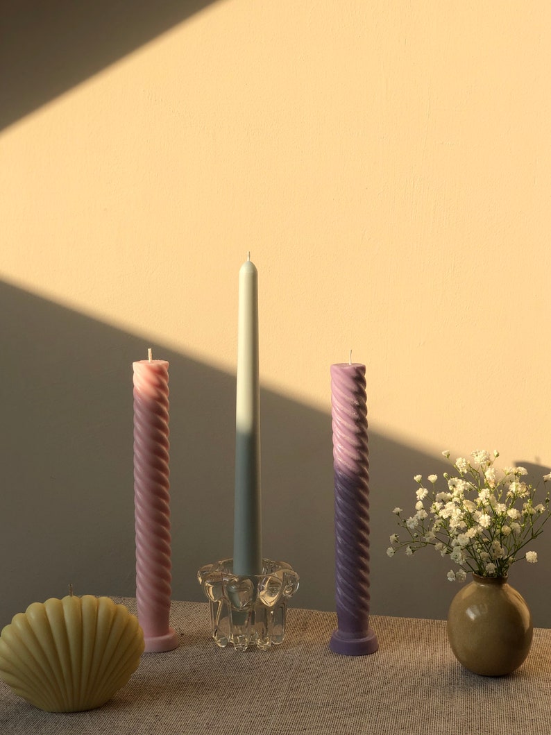 Spiral Taper Candles pack of 3 Twisted Candle Dinner Candles Twisted Candle Pastel Colours Wedding Table Decorations 3 x Purple