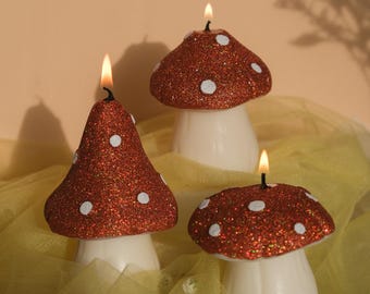 Glitter Mushroom Candle | Scented Toadstool Candle | Cottagecore Home Decor | Fairycore Aesthetic | Whimsical Candle | Handmade Gift