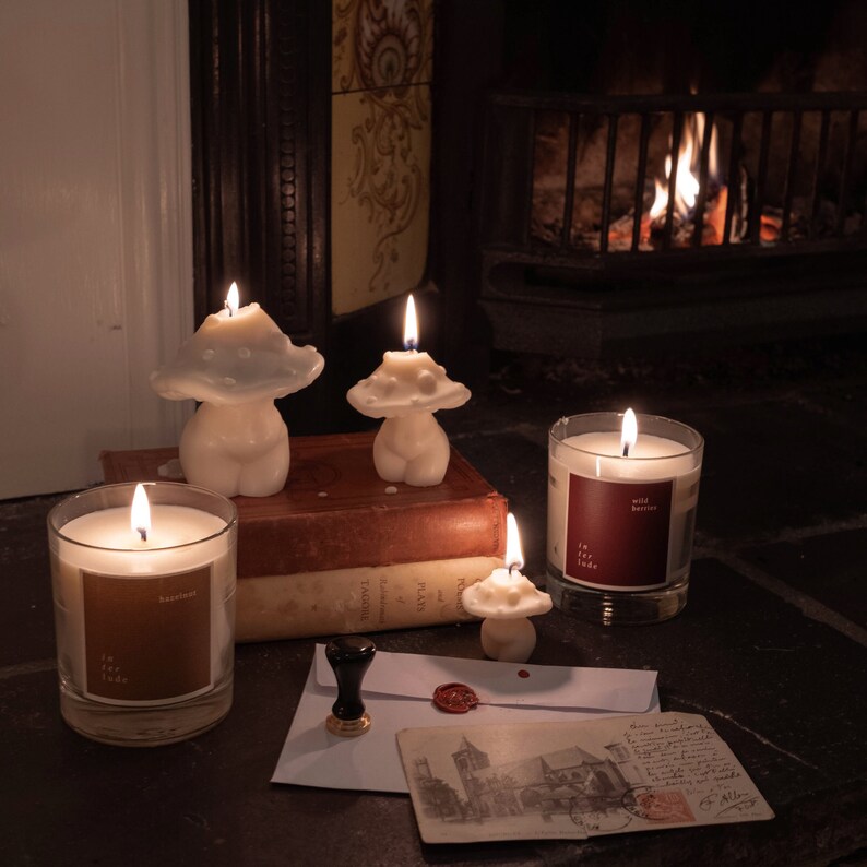 May include: Four white mushroom-shaped candles with flames burning. The candles are arranged on a wooden surface with a book and a postcard. The candles are in front of a fireplace with a fire burning.