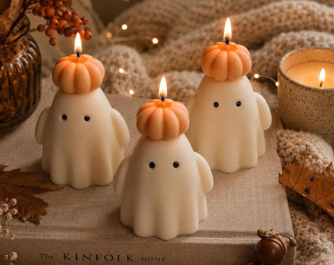 Ghost Candle with Pumpkin Hat | Handmade Soy Wax Candle | Halloween Decor | Candle Gift | Home Decor Gift | Gifts for Him & Her