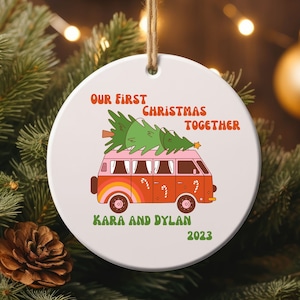 Custom 1st Christmas Together Ornament - VW Bus with Christmas Tree Personalized Ornament