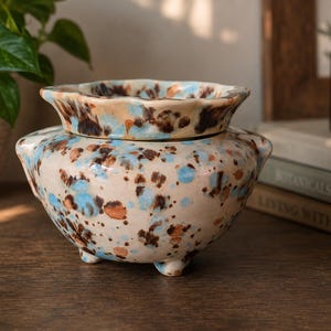 May include: A ceramic wax warmer featuring a cream-colored base with a speckled pattern of light blue and dark brown spots. The vessel has a wide, scalloped rim, a rounded body, and stands on three small feet, with a removable top dish section.