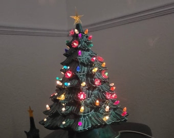 14" Tall "Bluegrass" Green Ceramic Christmas Tree w Multi Color Twist Lights and Pink Flowers
