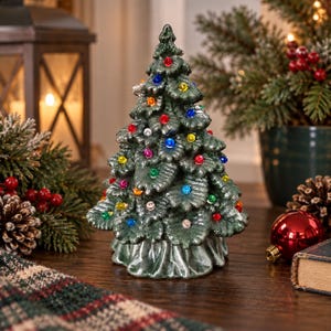 Handmade Ceramic Christmas Tree, Antiqued Green with Silver Highlights, Jewel Lights (7" Tall)