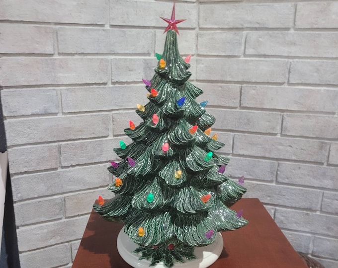14 Tall Ceramic Christmas Tree in Dark Green With Holly Base Etsy