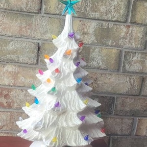 Large 16&quot; Tall Iridescent White Ceramic Christmas Tree with Holly Base