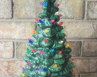 14" Tall Green Ceramic Christmas Tree with Holly Base