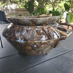 Extra Large African Violet /Self-Watering Pot -Handmade Ceramic Planter "Molten Earth" – Glossy Brown, Blue & Stone Glaze -  Ready to Ship!