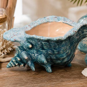 May include: A ceramic conch shell bowl featuring a deep blue, textured exterior with prominent ridges and spikes. The interior of the shell is a smooth, glossy light peach color. The rim has a speckled blue and white finish with red accents.