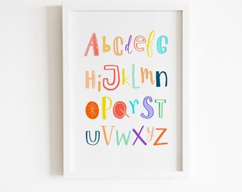 Alphabet nursery art print, uplifting art print for children's bedroom, colourful art poster print (unframed)