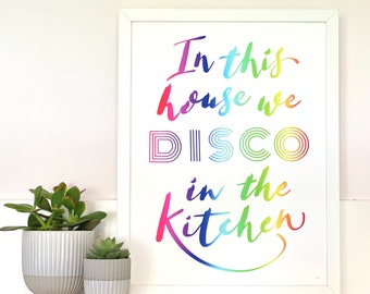 Colourful rainbow Kitchen Disco art print for home, rainbow print for the kitchen, rainbow kitchen print wall decor