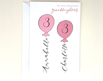 Personalised birthday card for twins, pink hand illustrated balloons with handwritten names for twin baby first second third fourth birthday