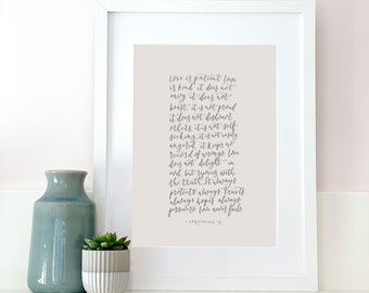 Bible verse print featuring 'love is patient love is kind' Corinthians 13, wedding reading print gift, wedding or anniversary print