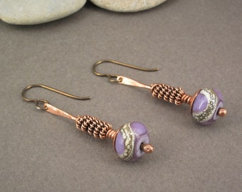 Artisan handmade boho rustic copper stem earrings purple lampwork bead