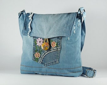 Bolso bandolera de mezclilla reciclada para uso diario, bolso bandolera pequeño bordado, bolso de hombro pequeño, regalo para el Día de la Madre.