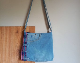 Upcycled Denim Crossbody Bag - Handmade Patchwork Eco-Friendly Jeans Bag with Adjustable Strap for Festival"