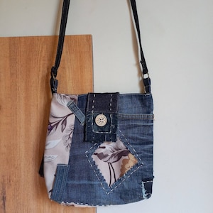 Handmade Upcycled Denim Crossbody Bag: Floral Patchwork Shoulder Bag
