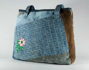 Bolso de mano de flores bordado a mano, linda estética de bolso de mano floral, bolso de hombro para mujeres y niñas, bolso de mezclilla reciclado, bolso de fin de semana