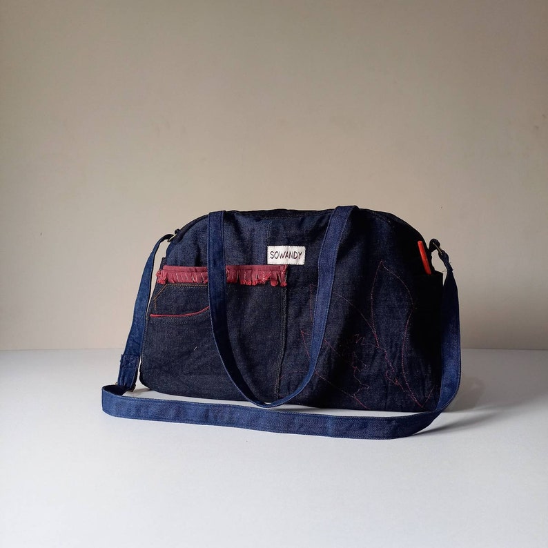 Handmade Frayed Denim Duffel Bag With an Adjustable Bag Strap Etsy