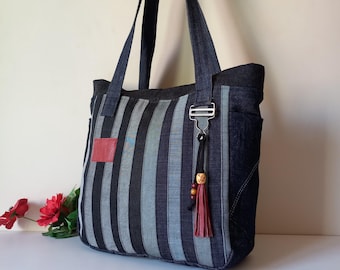 Unique Patchwork Bag Denim Tote Bag with Zipper, Denim Handbag Large Capacity Bag Large Shoulder Bag, Work Bag Women Mothers Day Gift