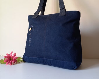 Embroidered Tote Bag with Zipper, Denim Handbag, Large Capacity Bag, Large Shoulder Bag Ladies Bag Mothers Day Gift