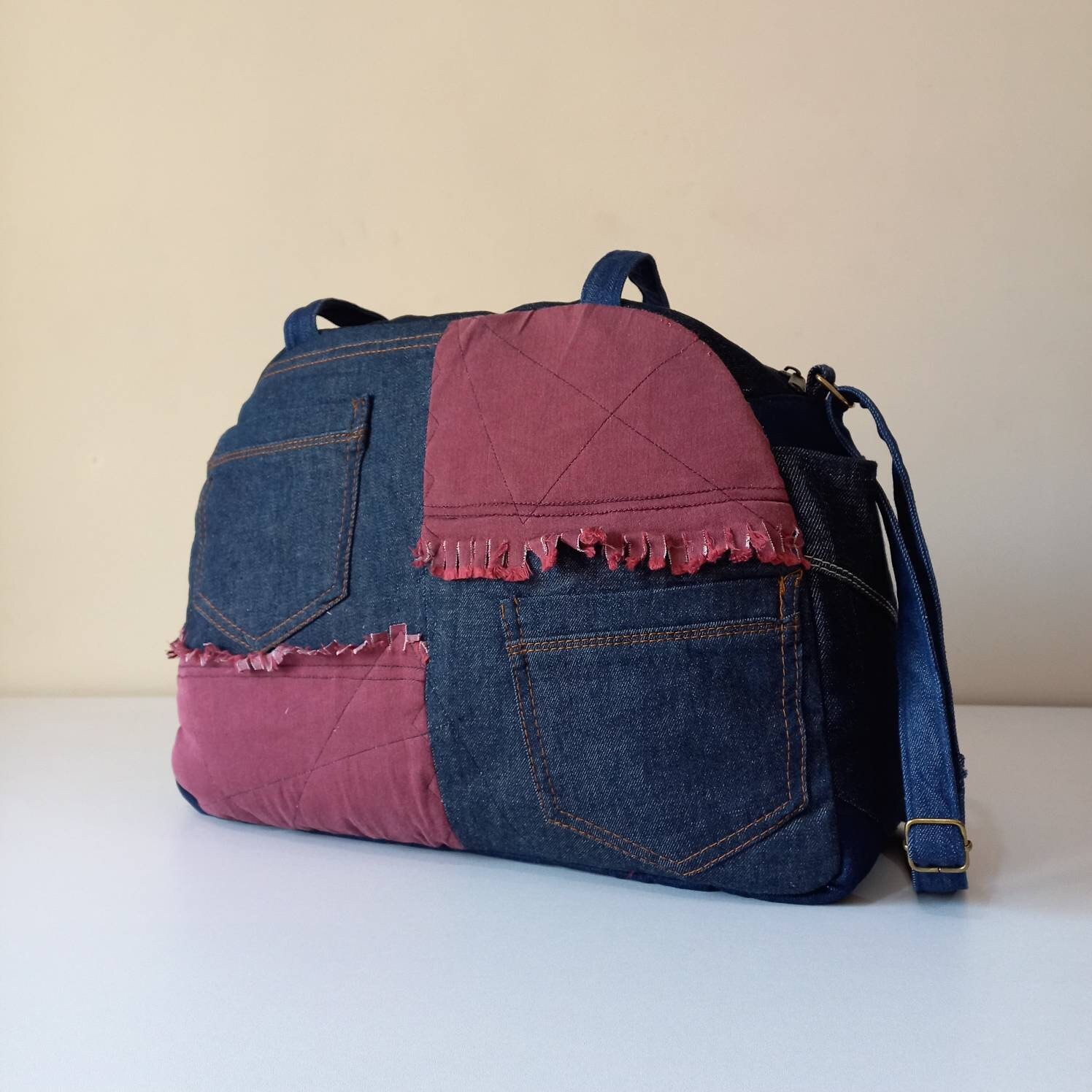 Handmade Frayed Denim Duffel Bag With an Adjustable Bag Strap Etsy