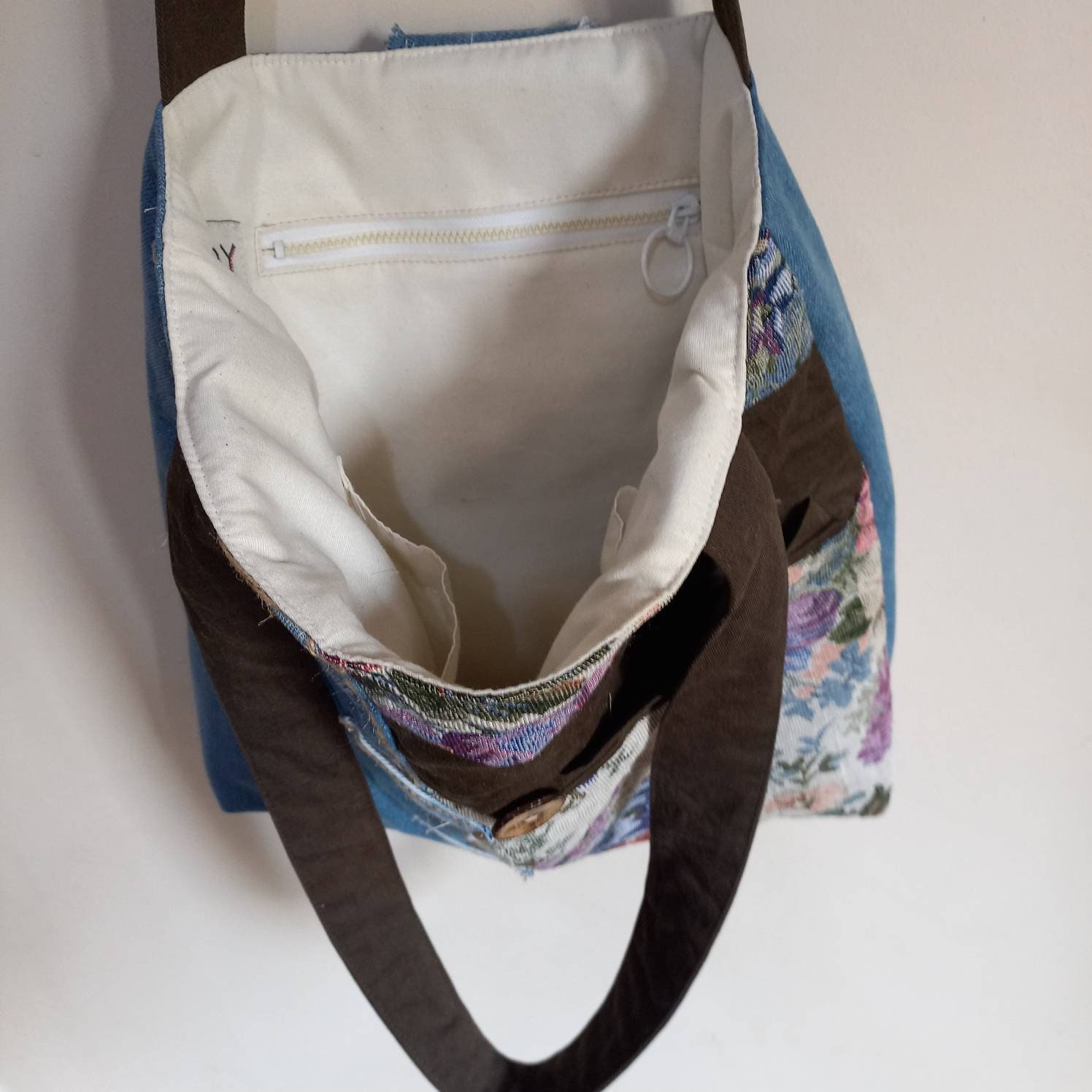 Stylish Upcycled Denim &tapestry Tote Bag With Pockets Stylish Upcycled Denim &tapestry Tote Bag With Pockets