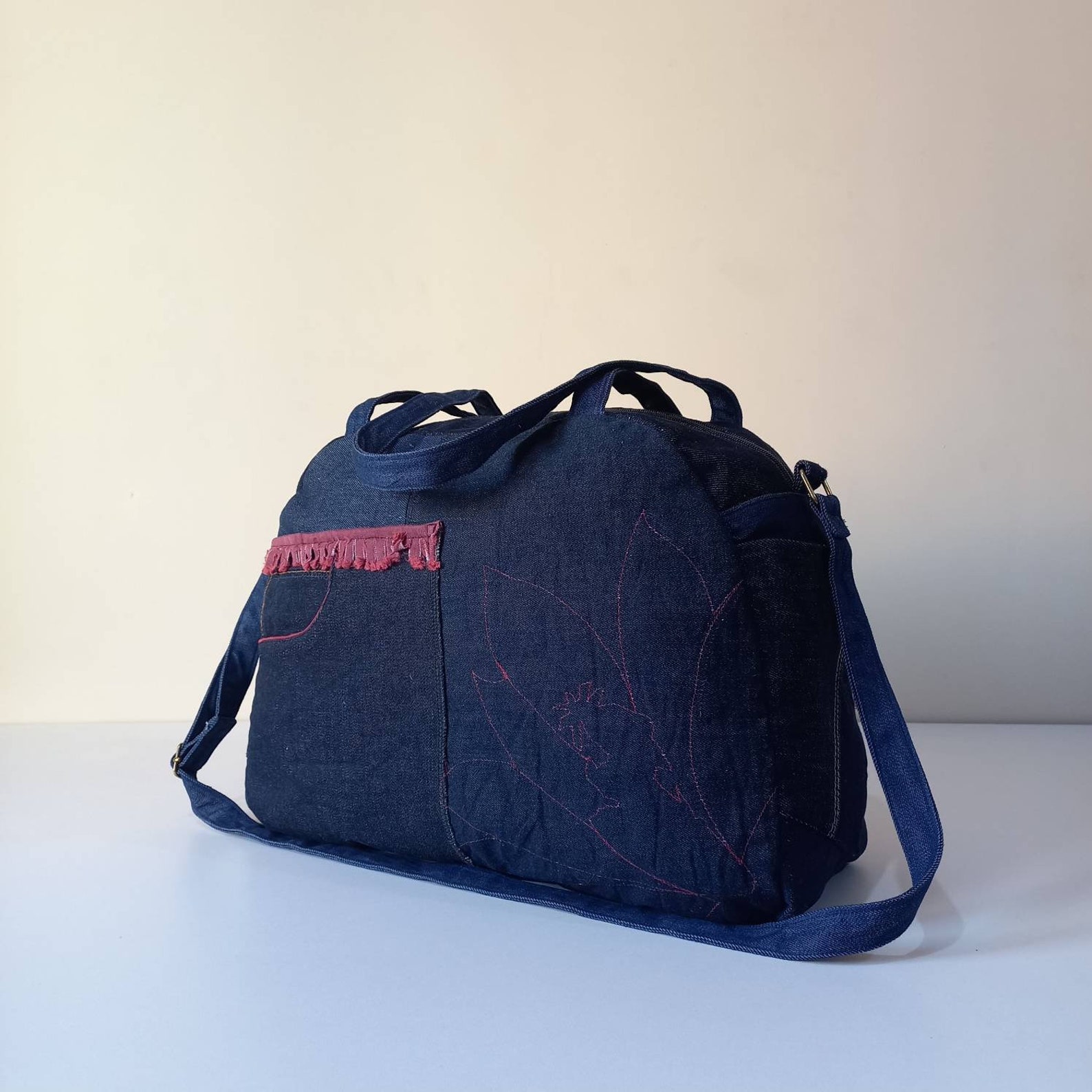 Handmade Frayed Denim Duffel Bag With an Adjustable Bag Strap