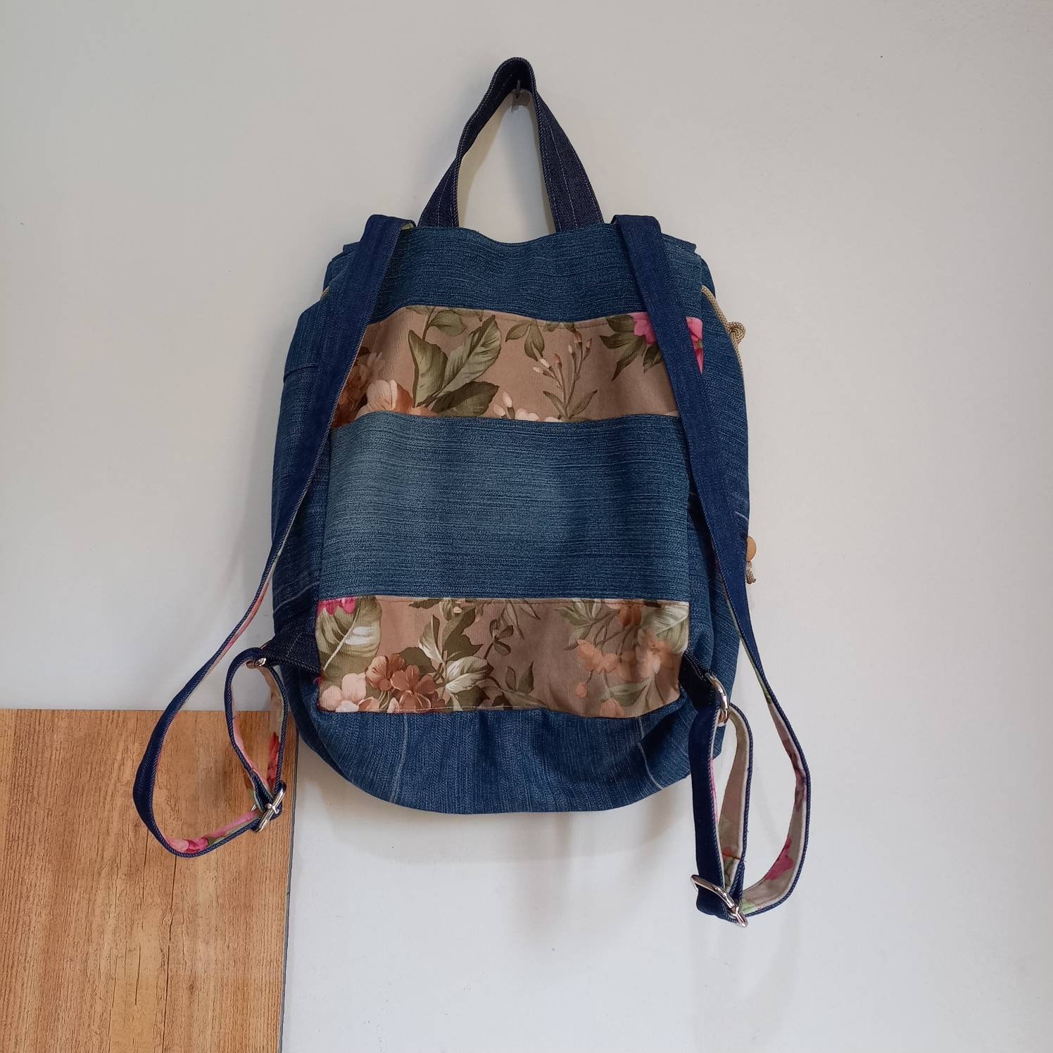 Upcycled Denim Backpack: Handmade Floral Patchwork Jeans Bag  display picture 2
