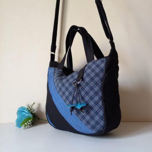 Patchwork Mini Duffel Bag, Upcycled Denim Duffle Bag Crossbody Hobo Bags, Small Shoulder Bag