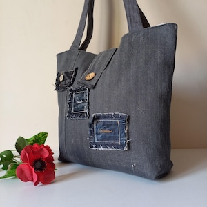 Upcycled Denim Einkaufstasche: Patchwork Handgefertigte Umhängetasche