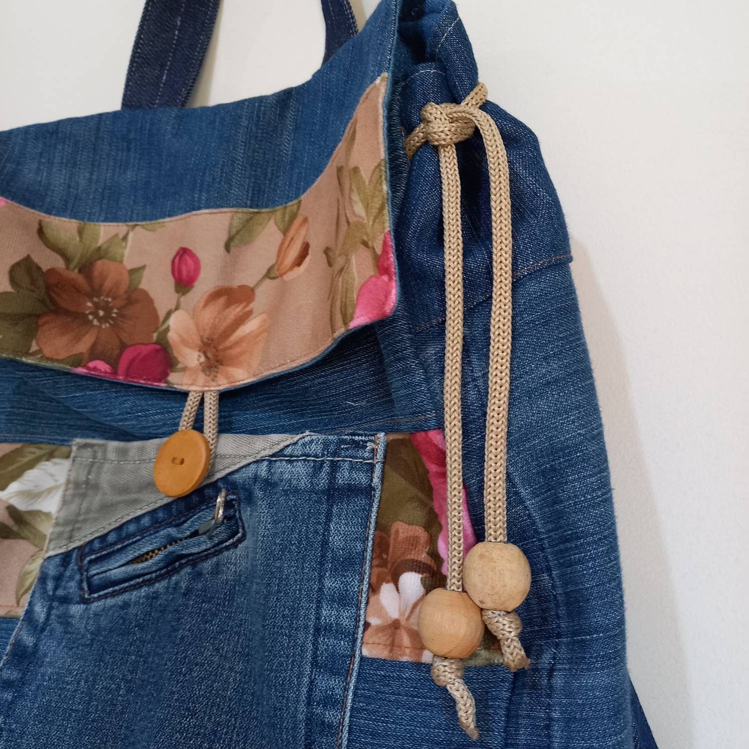 Upcycled Denim Backpack: Handmade Floral Patchwork Jeans Bag 
