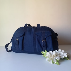 Handmade Denim Travel Duffel Bag: Upcycled Weekender with Cargo Pockets